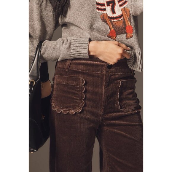 Anthropologie Colette Corduroy Crop Pants Scallop Pocket Wide Leg Size 28 Mink - Picture 2 of 11